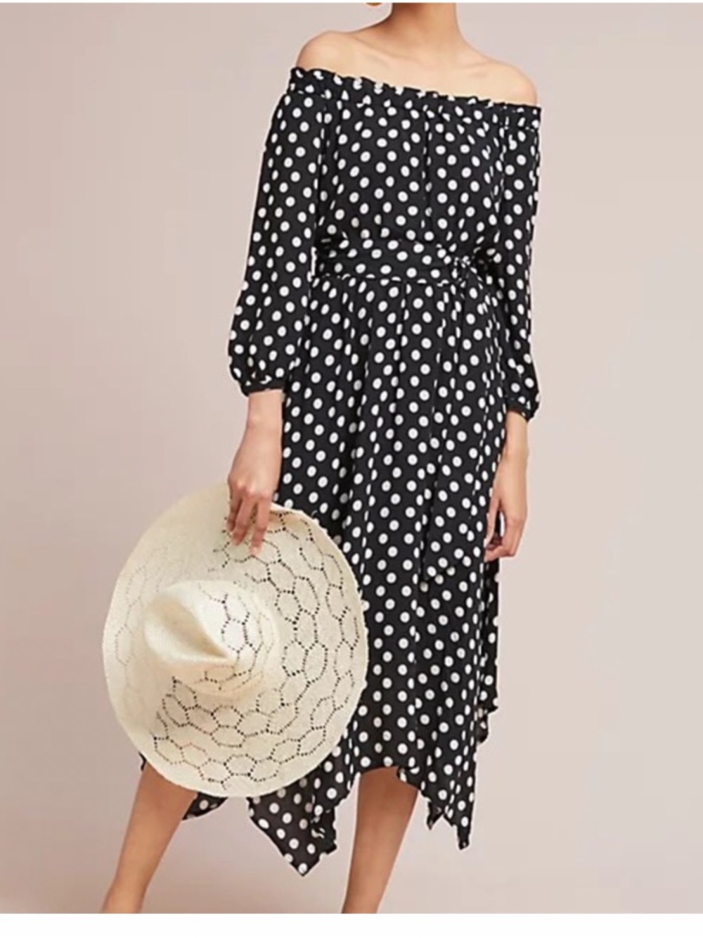 Maeve Anthropologie Black & White Polka Dot Off-Shoulder Midi Dress